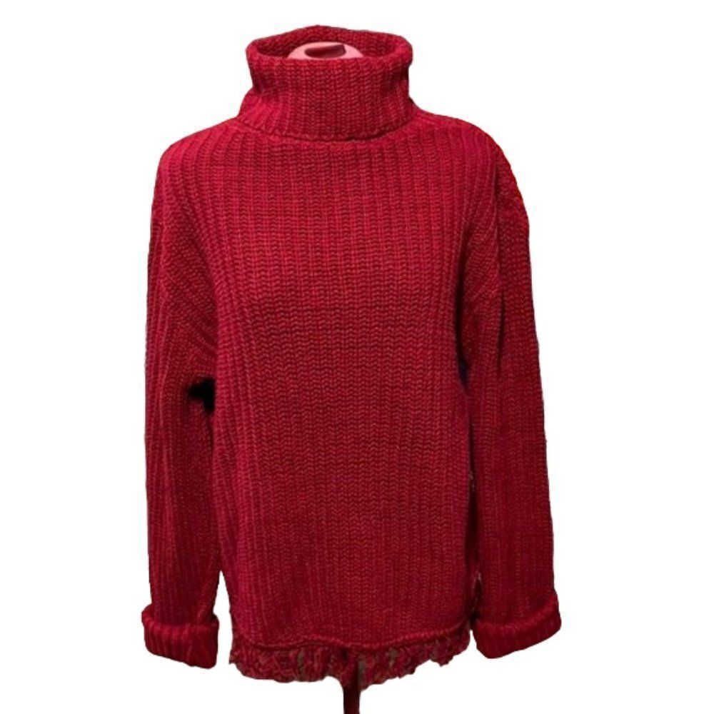 Chelsea Studio Red Chunky Knit Oversized Pullover Sweater Fringe Medium